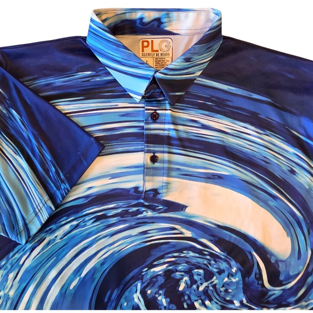 PLG Golf Polo Silently Be Heard, Whirlpool Wave Blue & White design sz Large